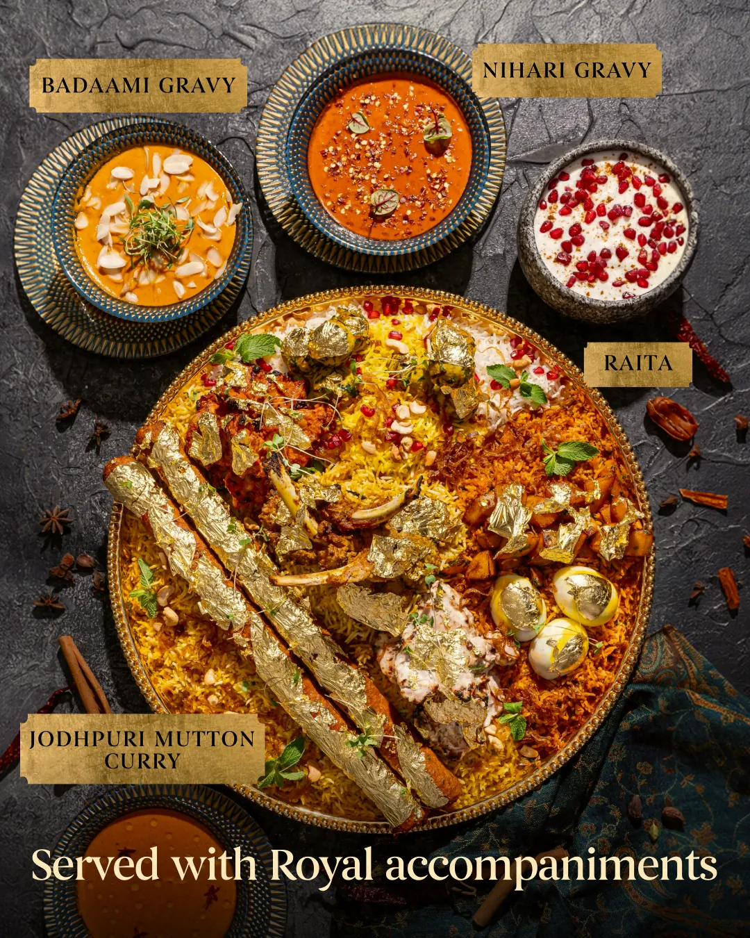 Served with royal accompaniments: Badaami gravy, Nihari gravy, Jodhpuri mutton curry and raita